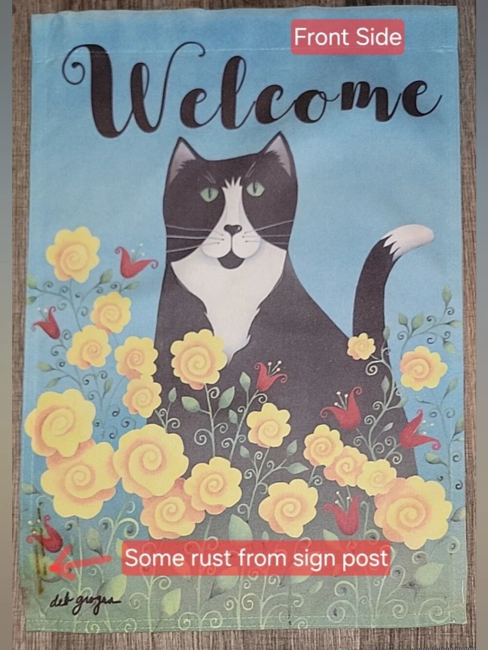 Decorative Spring Garden Flag Blue Background! Cat & Flowers
